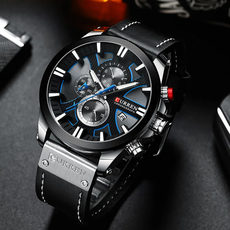 black silver blue CURREN, большие мужские часы, мужские военные кварцевые спортивные наручные часы, мужские часы, кварцевые мужские часы, Топ бренд, Роскошный хронограф - Цвет: black silver blue