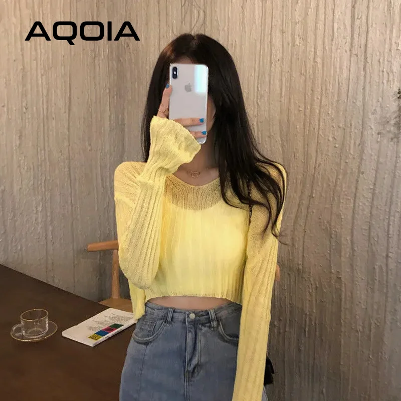 2021 Autumn Chic Sexy Solid Color Thin Women Sweater Long Sleeve Loose Transparent Short Womens Pullovers V Neck Female Clothing | Женская