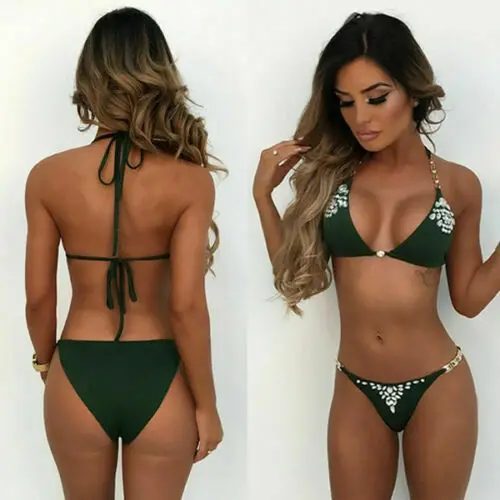 

2020 Women Glitter Sequins Crystal Swimwear Bikinis Set Female Halter Monokini Push-up Padded Bathing Suit Brazilian Swimsuit