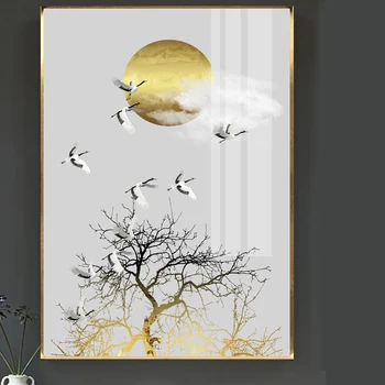 

Golden Sun Abstract Tree and Bird Painting Canvas Print Minimalist Posters Wall Modern Art Picture for Living Room Decor 5-51