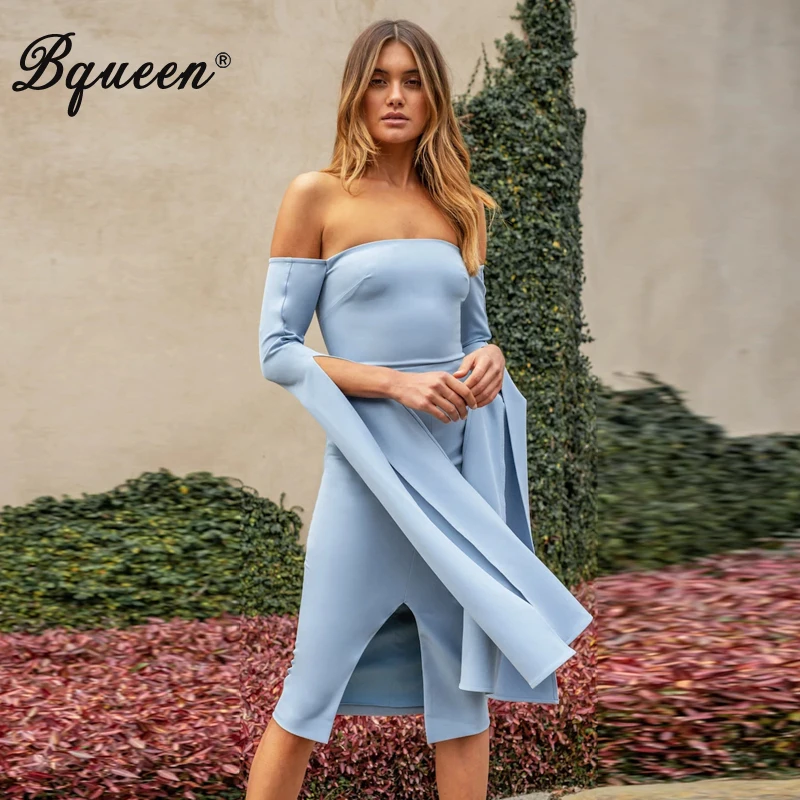 

Bqueen 2020 Autumn New Fashion Off Shoulder Split Long Sleeve Midi Sexy Bandage Dress