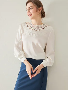 

Elegant Silk Shirt Women's Long-Sleeved White Shirt Autumn 2020 New Hollow Embroidery Silk Top Dropshipping