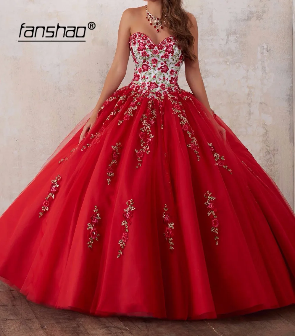 Красное платье Quinceanera Аппликация из бисера Цветы вечернее платье без бретелей блестящие милые 16 лет платья принцессы для 15 лет Vestidos