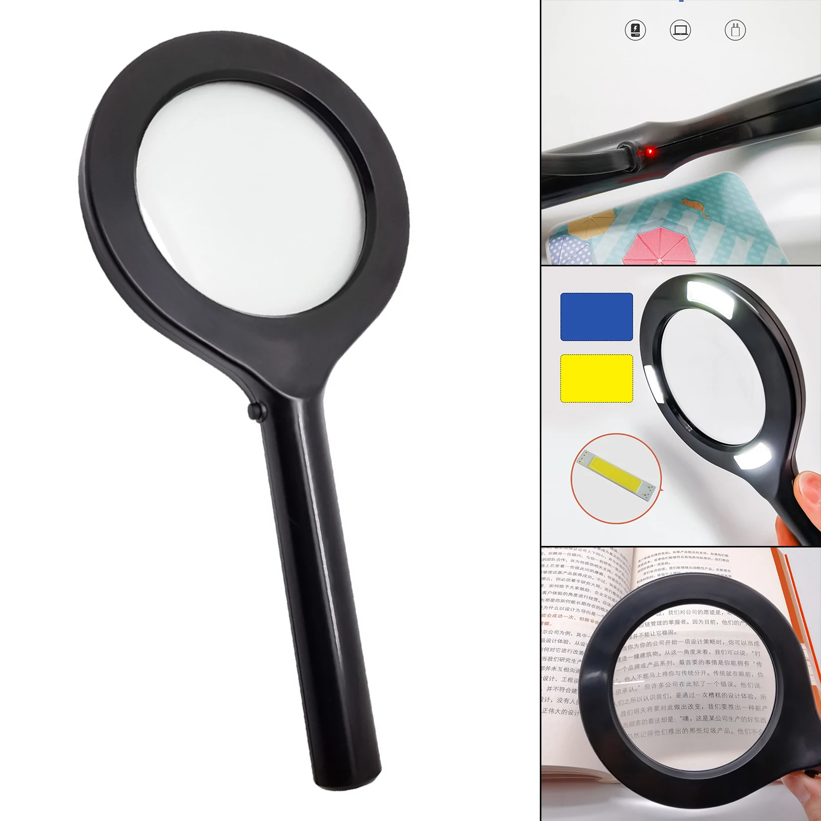 Handheld Reading Magnifying Glasses USB Lighted Magnifier for Seniors