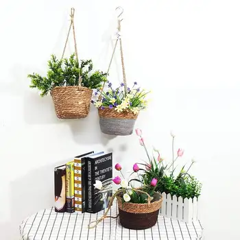 

Flower Pots Hanging Planter Rattan-like Basket Round Rope Plant Holder Hanging Flower Pot Planter Woven Storage Basket Home Dec