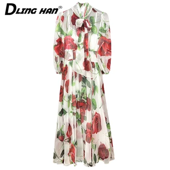 

DLINGHAN Vintage Bow collar Chiffon Dress Women's Elegant Rose Floral-Print Big pendulum Vacation Dresses Designer Summer New
