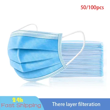 

50pce/100pcs Mask Disposable Adult 3 Layer Ply Filter Breathable Earloops Masks Mouth Mask