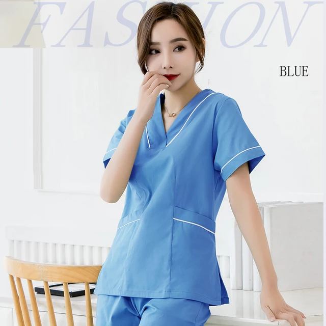 Women Scrub Top Plug Size Medical Uniforms V-Neck Spa Uniforms Short Sleeve Nursing Workwear Doctor Overalls Veterinary Cotton BLUE TOP
