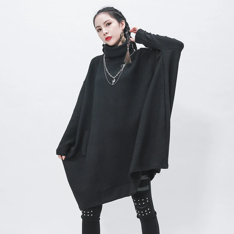 [EAM] Black Big Size Knitting Sweater Loose Fit