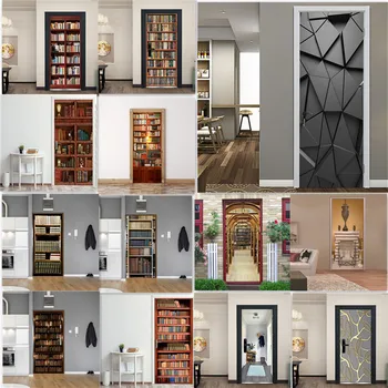 

3D Library Wallpaper Door Sticker Self-adhesive Bookcase Bookshelf Mural For Study Bedroom Door Poster Fireplace Stickers Porte