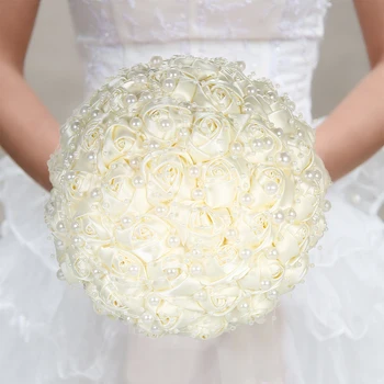 

18cm Artificial Pearls Bridal Bouquet Handmade Wedding Satin Rose Flower for Bride Wedding Flowers Bridal Bridesmaid Bouquets