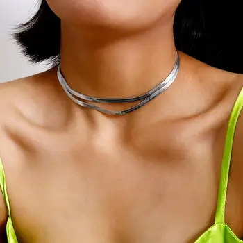 

Lacteo Gothic Double Layered Flat Snake Chain Choker Necklace Punk Hip Hop Silver Color Chain for Women Daily Charm Necklace