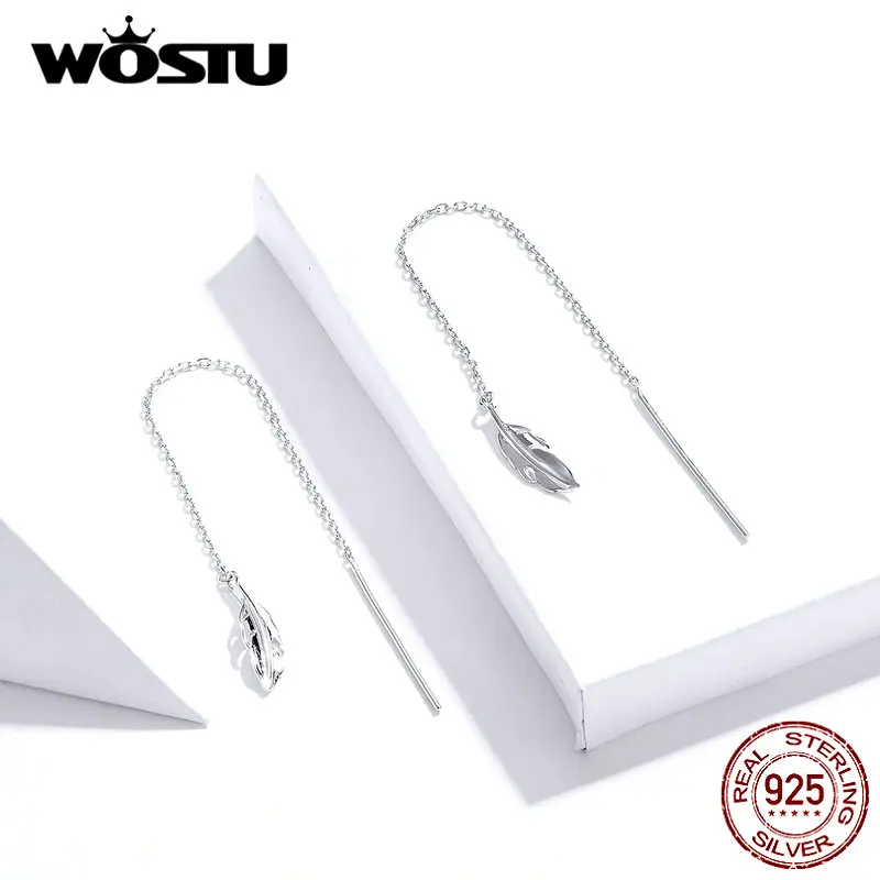 WOSTU настоящие 925 пробы серебряные серьги с перьями для женщин Лидер продаж простой дизайн загадочные Серьги перья свадебный подарок