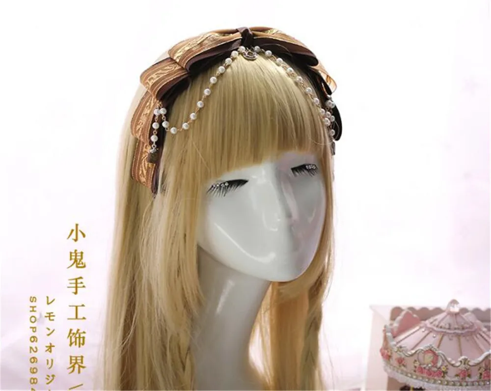 Готическая японская Лолита коричневый головной убор Kawaii принцесса шпилька для волос с бантом жемчужная цепь украшения обруч для волос аксессуары B469