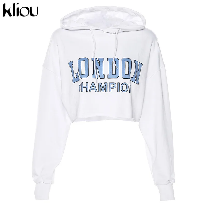 Kliou women white sweatshirts long sleeve drawstring hooded crop top letter print autumn female fashion casual hoodies - Цвет: Белый