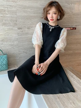 

Fashionable and elegant beaded round neck lace lantern sleeves waist slim knit dress women's clothing 2020 early autumn new