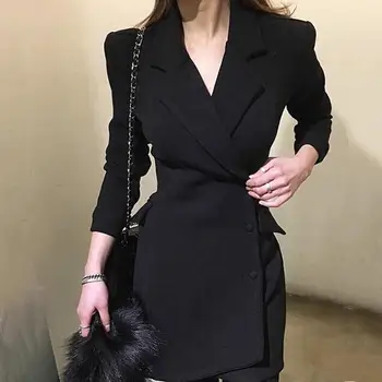 

Fall Women Casual Lapel Collar Long Blazer Jacket Warm Long Sleeve Single Breasted Jacket Pockets Slim Elegant Suits Outwear