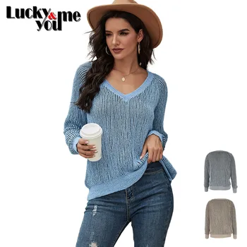 

New Arrive 2020 Womens Autumn Winter Elegant Fashion Loose Knit Sweater V-Neck Pullovers Tops Girls STANDARD Crochet Sweater Top