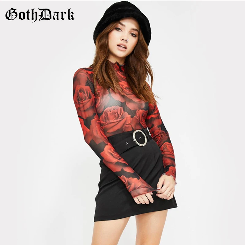 Goth Dark Floral Print Vintage Gothic T-shirts Women Harajuku Ruffle Long Sleeve Autumn Winter Female T-shirt Grunge Red