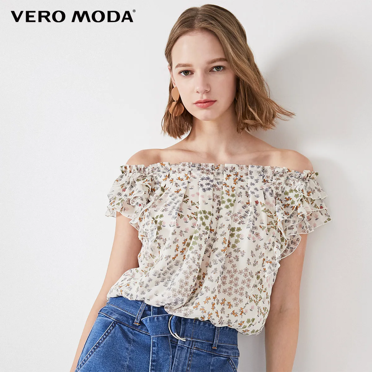 Vero Moda Women‘s Floral Crop Top Ruffled Sleeves Elasticized Waist Tops Blouse | 319241520 Vero Moda Women‘s Floral Crop Top Ruffled Sleeves Elasticized Waist Tops Blouse | 319241520