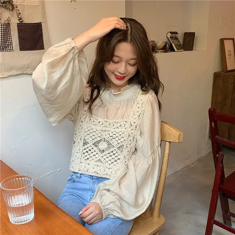 

Qooth Women's Loose Blouse and Vest two pieces Summer Long Sleeve Blouses Beach Boho Casual Female Student Tops Blouse QH2277