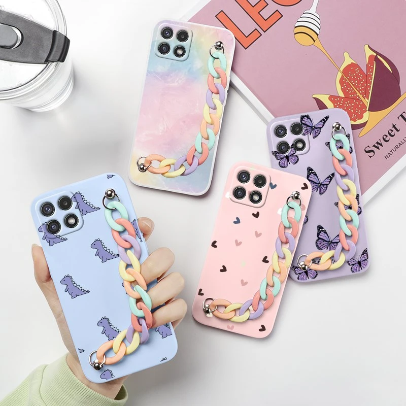 samsung cute phone cover For Samsung A22 Case Phone Back Cover For Samsung Galaxy A22 4G 5G GalaxyA22 A 22 Bumper Soft Silicone Wrist Chain Fundas Flower silicone case for samsung