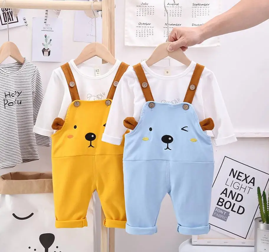 Комплект одежды для малышей; модная футболка с длинными рукавами и рисунком кота+ комбинезон; комплект из 2 предметов; одежда для маленьких мальчиков и девочек; школьная одежда для маленьких девочек