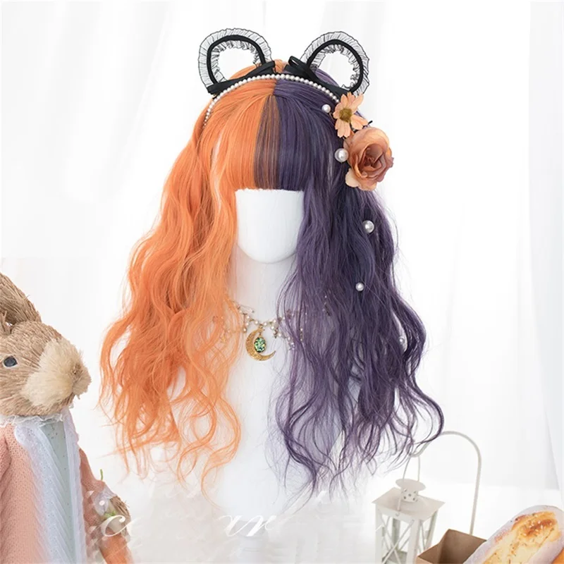 

CosplayMix 60CM Lolita Orange Purple Ombre Long Curly Bangs Cute Synthetic Hair And Halloween Devil Horns Cosplay Wig