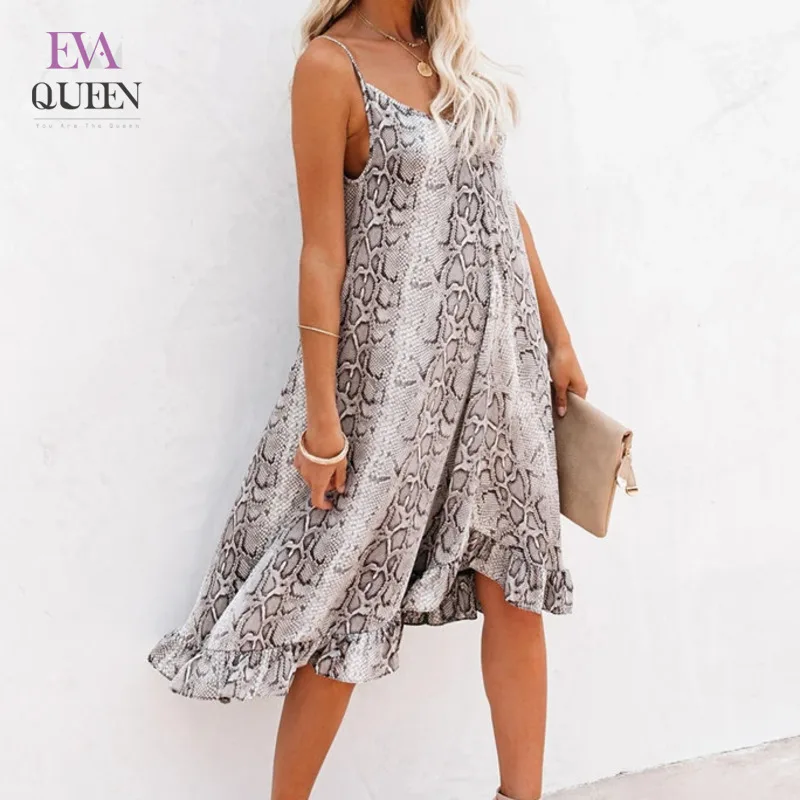EvaQueen-vestido Midi estampado de animales para mujer, vestido Sexy con tirantes finos, Espalda descubierta, volante holgado, sin mangas, para playa y verano, 2021
