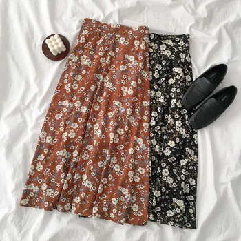 

Spring Autumn Floral Chiffon Skirt 2020 New Women Korean Retro High Waist Elastic Print Skirt Female Temperament Chic Long Saia