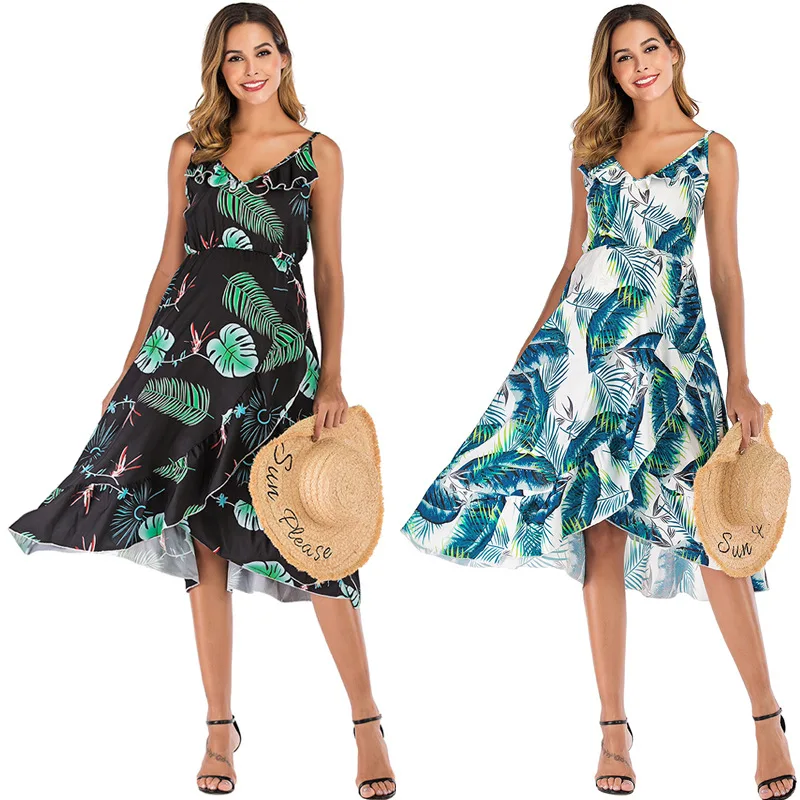 

2020 Cross-Border European and American Women's Foreign Trade Ruffles V-neck Strap Irregular Printing Loose Maternity Dress