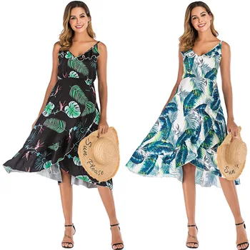 

2020 Cross-Border European and American Women's Foreign Trade Ruffles V-neck Strap Irregular Printing Loose Maternity Dress