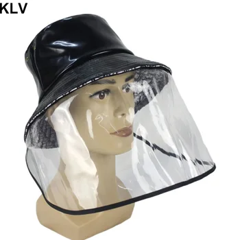 

Couple Faux Leather Black Bucket Hat Detachable Clear Face Shield Anti Spitting Saliva Mesh Veil Wide Brim Fisherman Cap