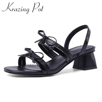 

Krazing pot genuine leather peep toe square high heels butterfly-knot Korean street pretty girls daily wear sandals women L36