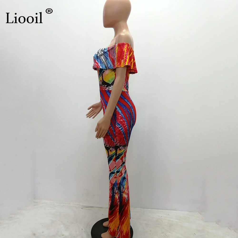 Liooil с открытыми плечами печати гофрированные сексуальные плотные комбинезоны комбинезон V шеи вечерние комбинезон с расклешенными штанинами длинные Клубные Комбинезоны