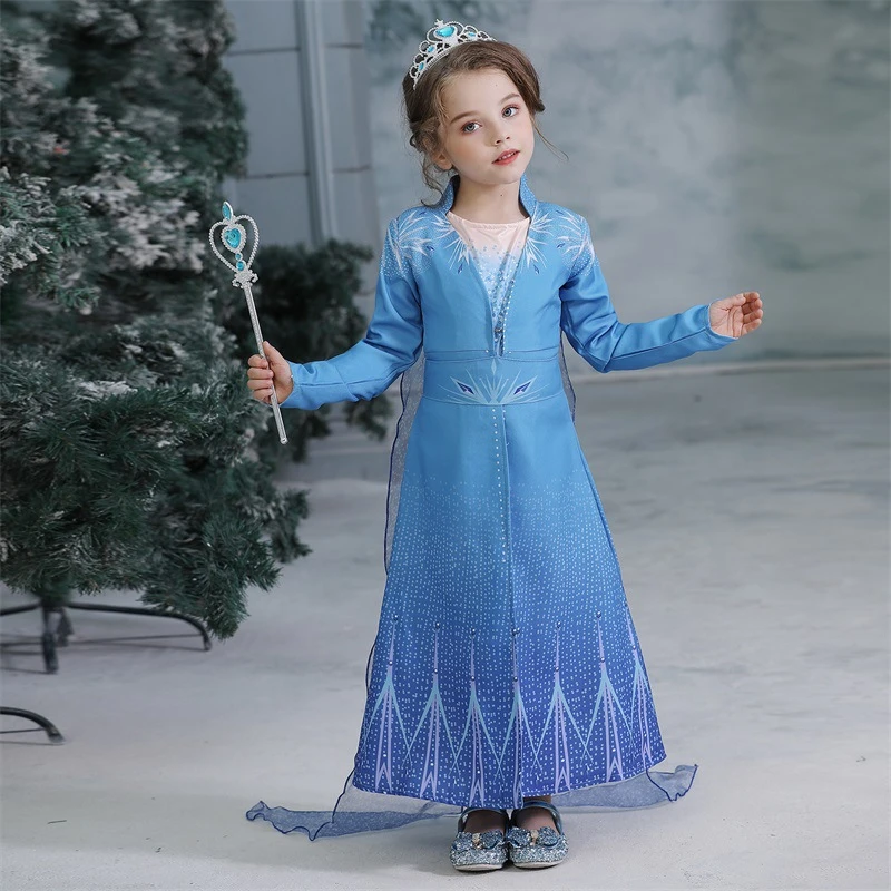 Новое рождественское платье Снежной Королевы Эльзы, платье короны, новогодний Детский костюм для костюмированной вечеринки, зимнее пальто Эльзы с длинными рукавами и накидкой, костюм