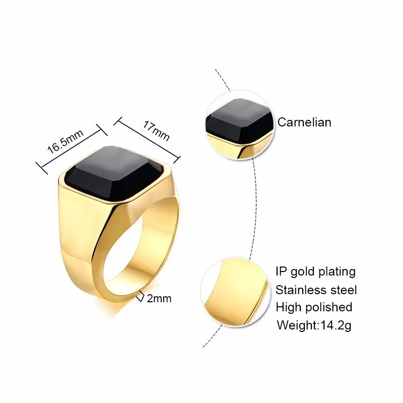 Man Ring, Black Carnelian Signet Ring, Stainless Steel Square Pinky Rings, Gents Wealth And Rich Status Jewelry - Image 2