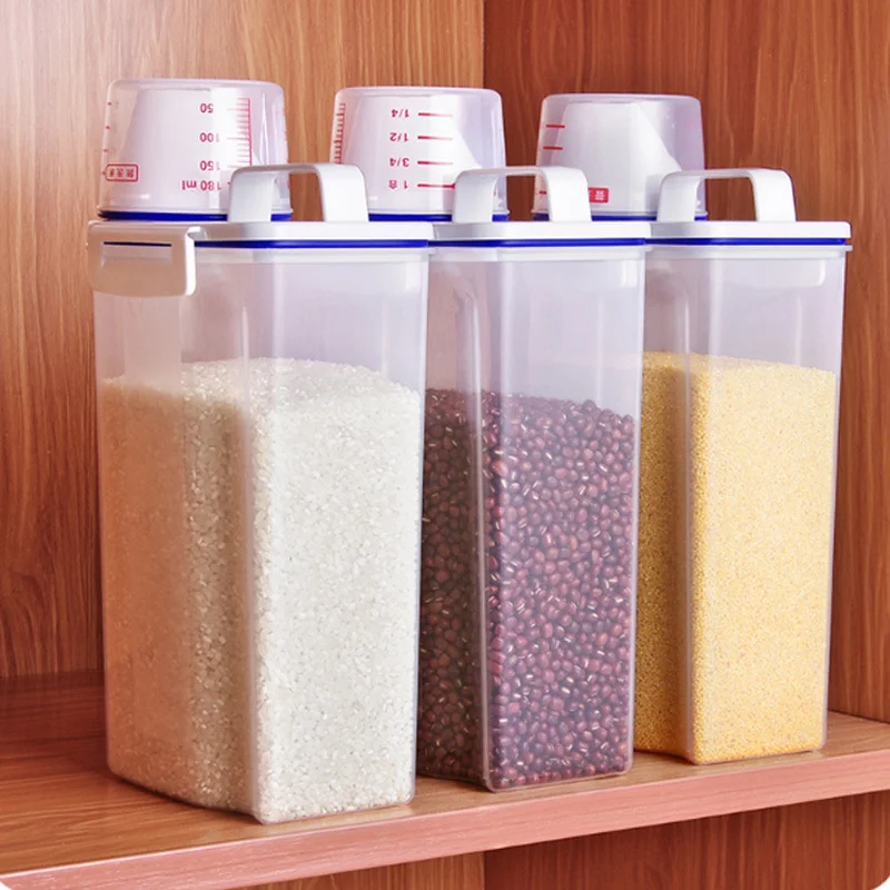 

2L Rice Storage Cereal Dispenser Storage Plastic Box Rice Container Dry Food Storage Food Storage Box Measuring Cup Kitchen