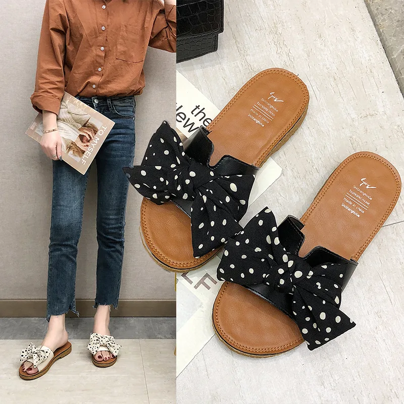 

2019 Spring Summer New Style Bow Slipper WOMEN'S Shoes Polka Dot Rubber Flat Heel Flat Simple Pu Line-styled Shoes
