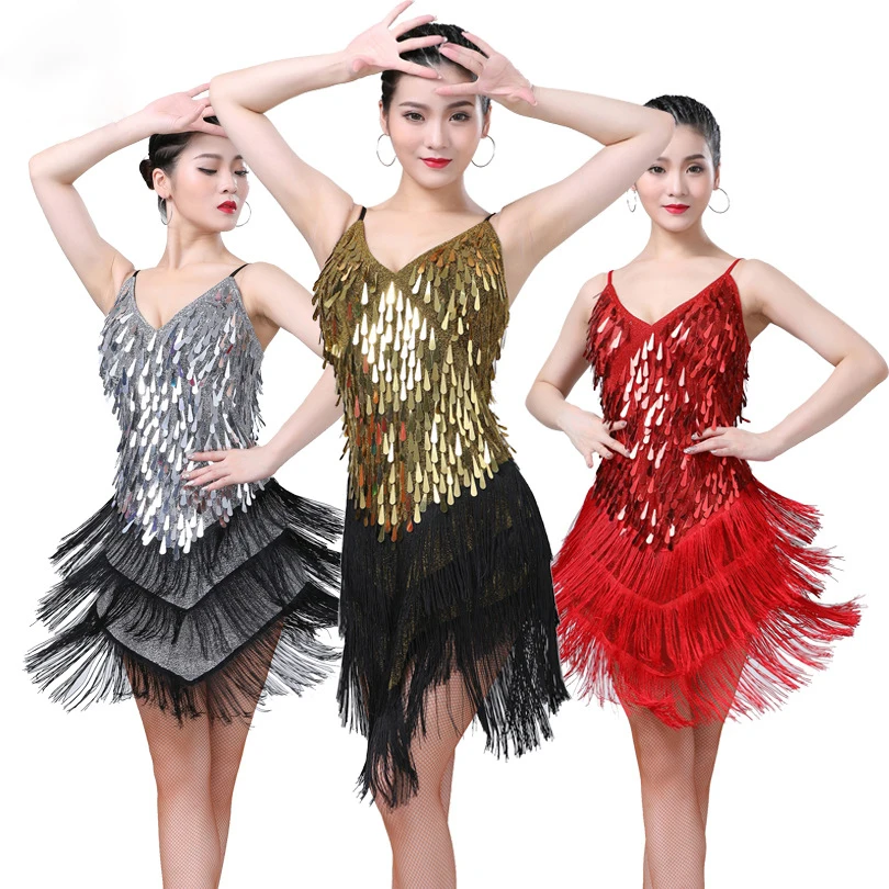 

Performance Women Dance Clothes Salsa Braces Dress V-neck Competition Costume Set Ballroom Sequins Fringes Girls Latin Dresses
