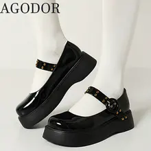 

AGODOR Low Heel Mary Janes Patent Leather Pumps for Women Wedge Heel Buckle Platform Ladies Round Toe Pumps Casual Szie 35-42