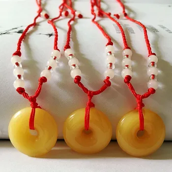 

3PC Chinese Resin Honeywax Doughnut Pendant Carved Amber Safety Buckle Sweater Necklace Jewelry Charm Amulet Gifts for Women