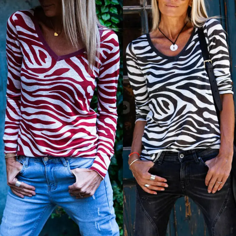 Women Blouses Sexy Zebra Print Top V Neck Thin Blouse Autumn Women Shirt Women Long Sleeve Blouse Pullover Tops Casual Blouses