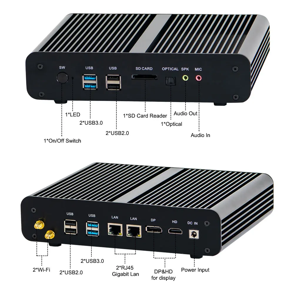 Мини игровой ПК Intel i7 7560U cpu UHD graphics 630 безвентиляторный мини компьютер HDMI, DP, 2 LAN(RJ45), 4USB3. 0, Wi-Fi, Windows 10 Pro