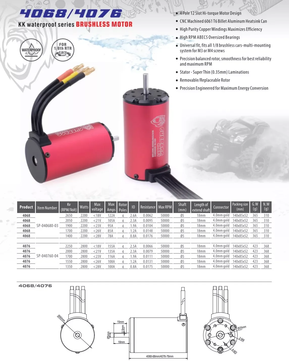 Surpass Hobby 4068 waterproof brushless bldc motor 18v 21v 23v 26v 28v brushless dc electric motor for 1/8 rc car