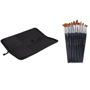 

Foldable Oxford Cloth Zipper Artist Brush Bag Case Holder - Black with 12Pcs Nylon Hair Watercolor Oil Painting Pen