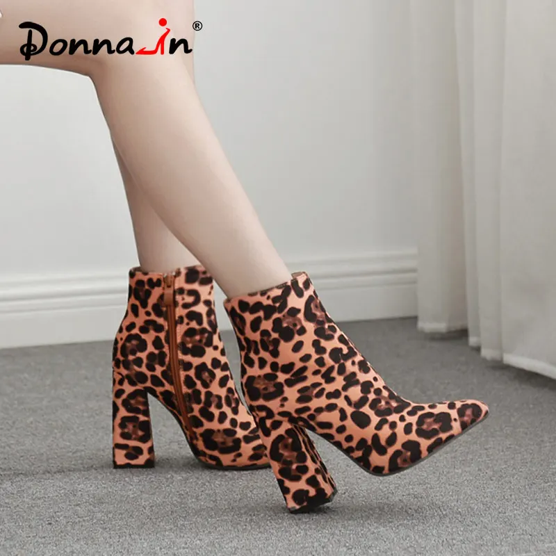 

Donnain Stretch Leopard Boots Women Mid-Calf Boot Winter Boots Female High Heels Shoes Ladies Pointed Toe Elastic Women Shoes