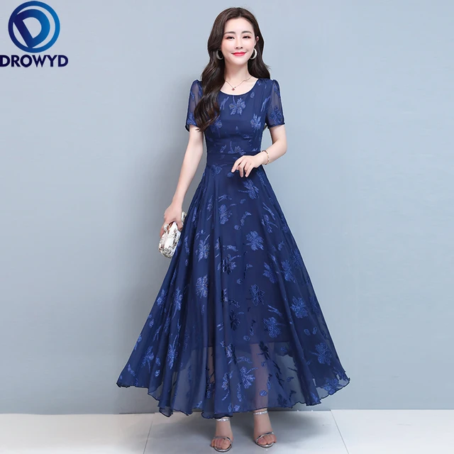 2021 Summer Navy Print Long Dress Women Elegant Bodycon Short Sleeve Dress Chic Lady Vintage A-line Maxi Party Dresses Vestidos 1