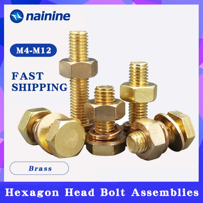 [M4 M5 M6 M8] DIN933 Brass Hexagon Head Bolt Spring Lock Washer And Plain Nut Assemblies B002 | Строительство и ремонт
