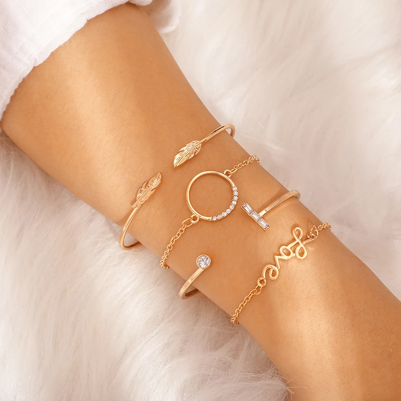 

docona Boho Gold Leaf Letter Circle Crystal Open Bracelet Set for Women Geometric Bracelet Bangle Set Party Jewelry F12410